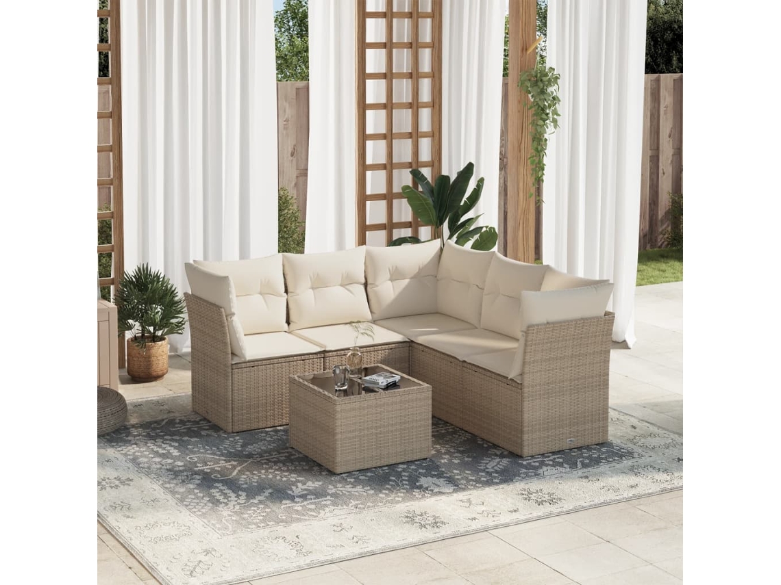 Conjunto de 6 Sofás para Jardim com Almofadas Vime Pe Bege Dkd Home Decor