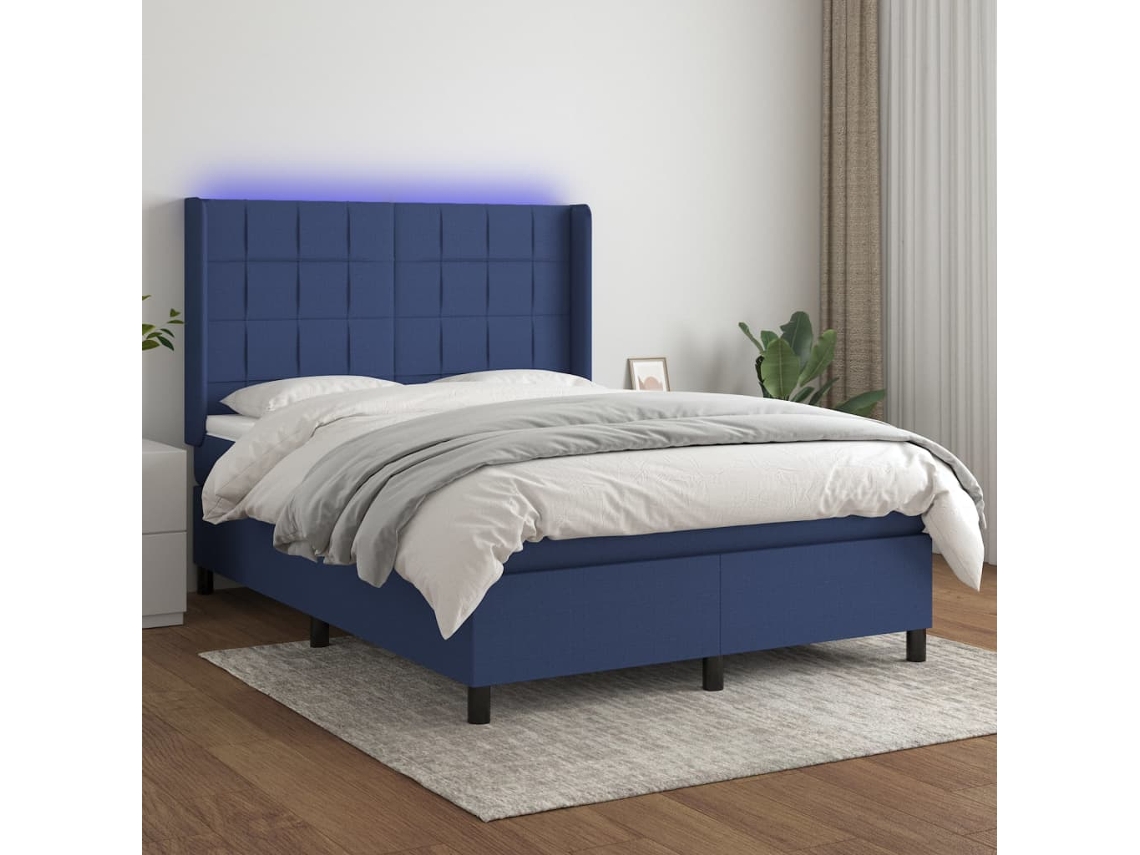 Vidaxl Cama Box Spring C/ Colchão E Led 140x200 Cm Tecido Azul