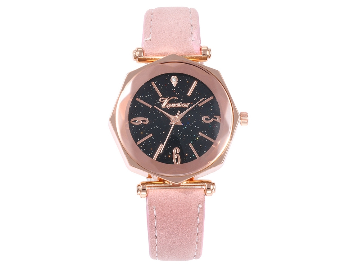 Relógio de Pulso Feminino Fashion de Quartzo com Pulseira de Pu Rosa Diamante