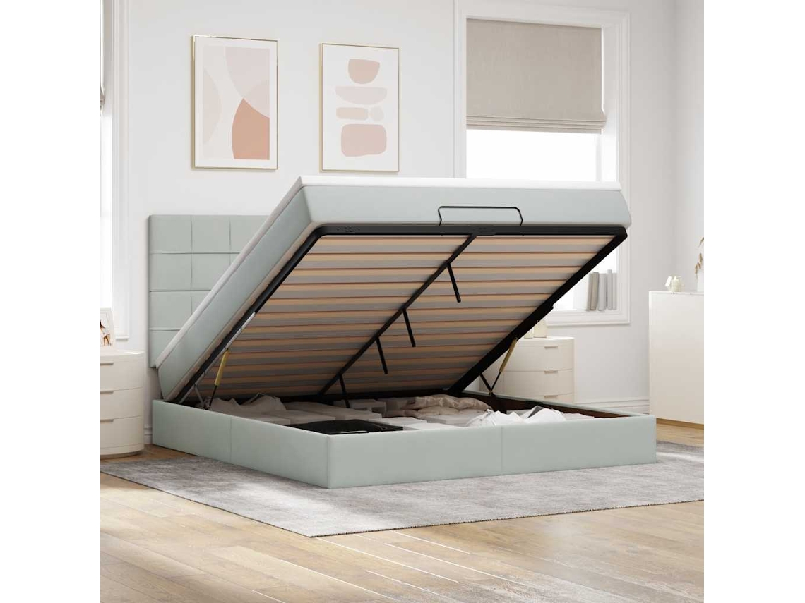 Estrutura Cama Otomana Colchões 160x200cm Veludo Cinzento Claro