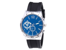 Relógio de quartzo casual unissex com pulseira de silicone, mostrador prateado e azul.