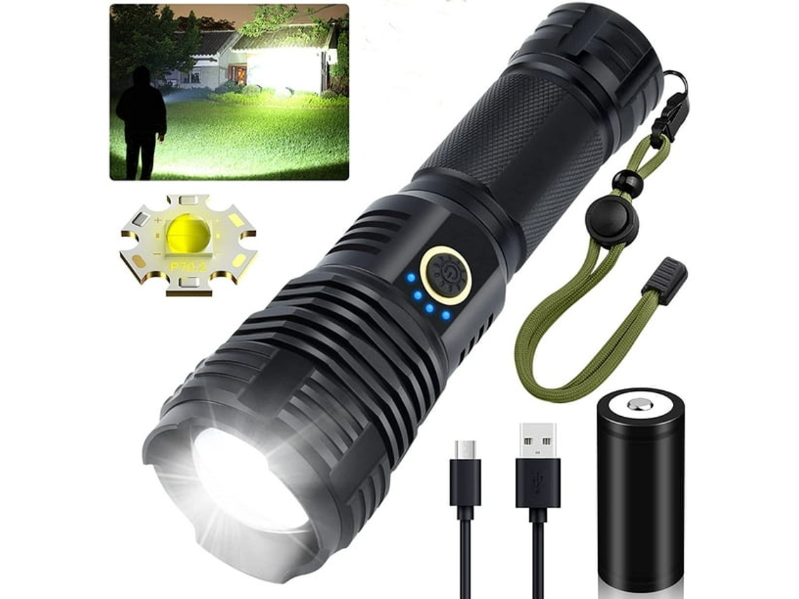 Lanterna Led Usb 90000lm Xhp70.2 Com Zoom 5 Modos