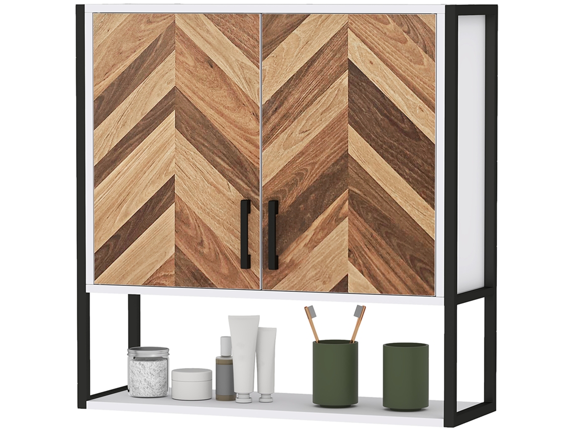 Armário De Parede Para Casa De Banho Com 2 Portas Prateleiras Ajustáveis E Aberta 59x20x60 Cm Branco E Madeira