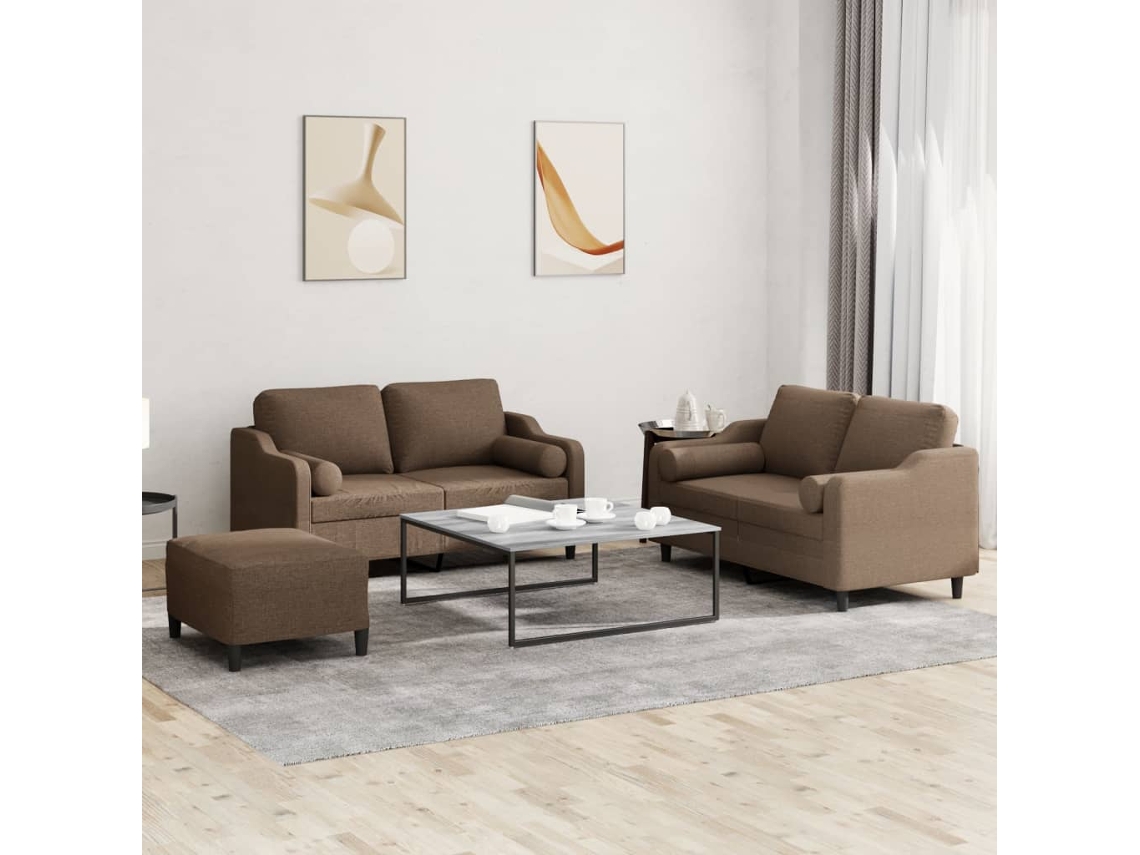 Vidaxl 3 Pcs Conjunto De Sofás Com Almofadas Tecido Castanho