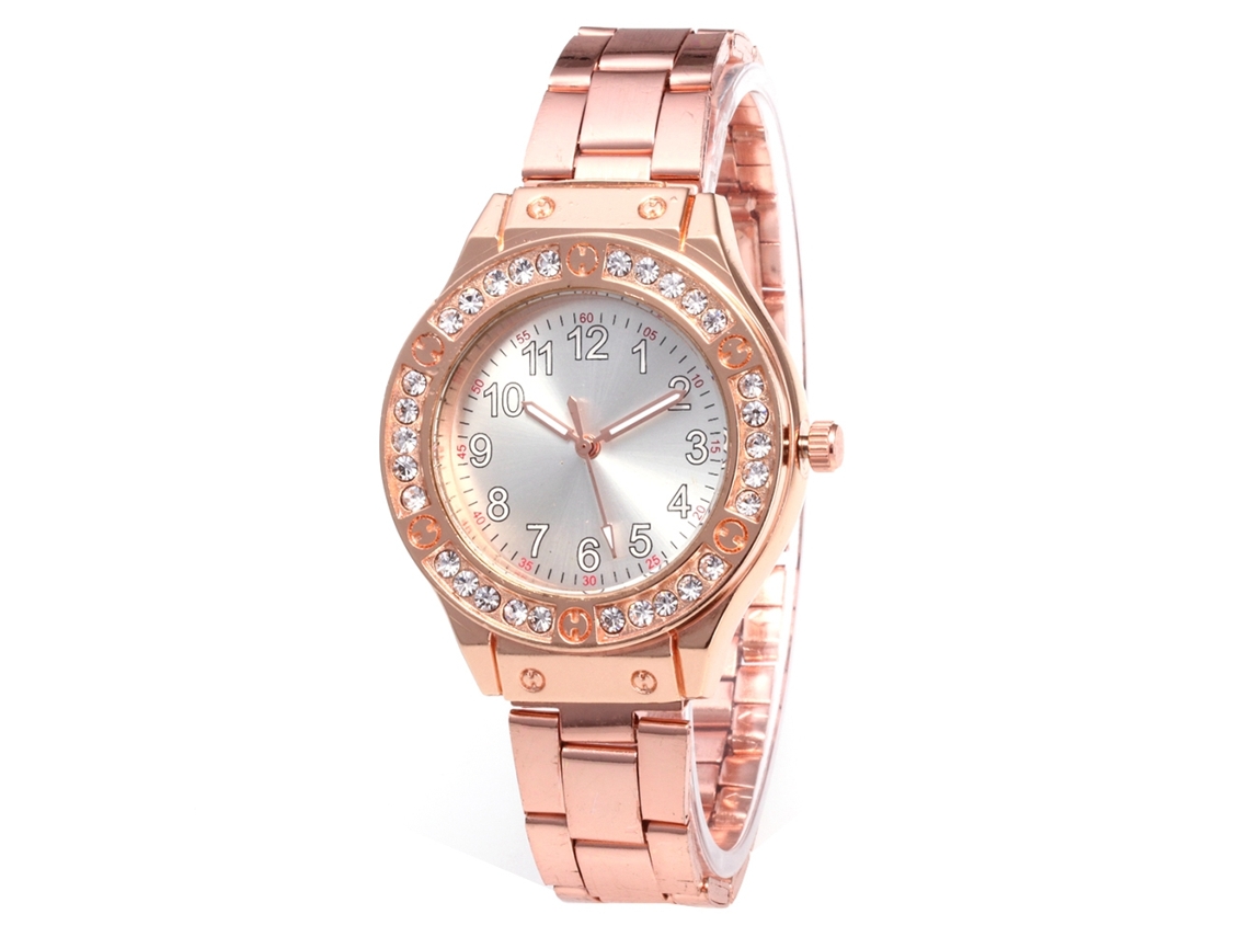 Relógio unissex Zhoulianfa Fashion com cristais e mostrador em ouro rosa, movimento de quartzo.