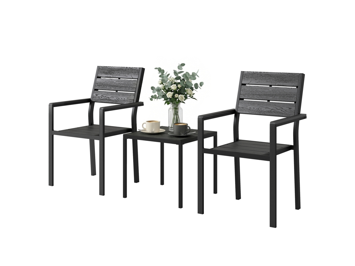 Conjunto De Jardim De 3 Peças Com 2 Cadeiras E Mesa De Hdpe Design Com Ripas Efeito Madeira Para Varanda Preto