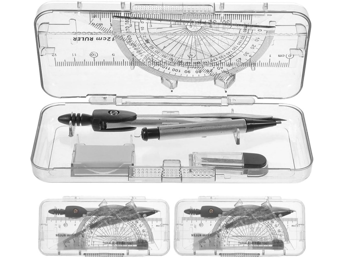 Conjunto de 3 caixas com régua, compasso e guia de desenho, 7 ferramentas de metal e plástico, duráveis para uso prolongado.