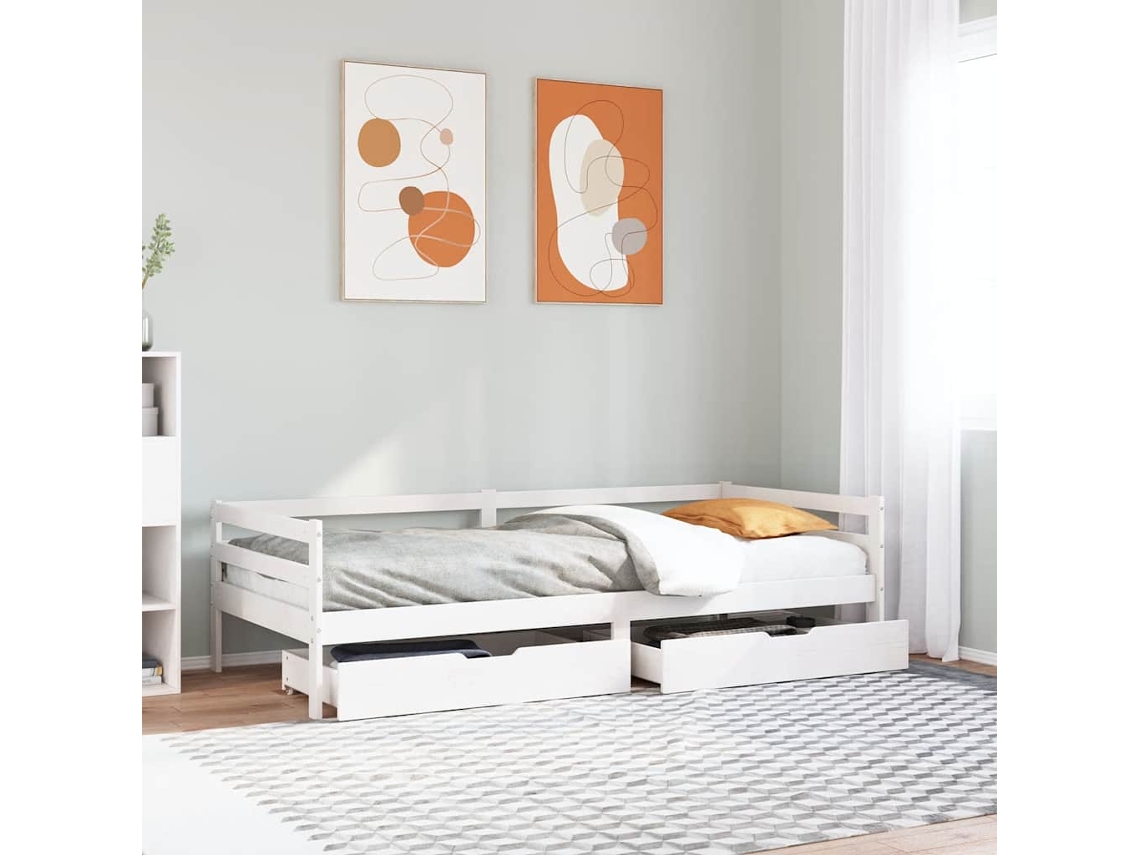 Vidaxl Sofá-cama C/ Gavetas 90x200cm Madeira De Pinho Maciça Branco