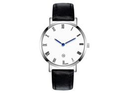 Relógio masculino com pulseira de couro, mostrador redondo, movimento analógico de quartzo, estilo executivo, preto.