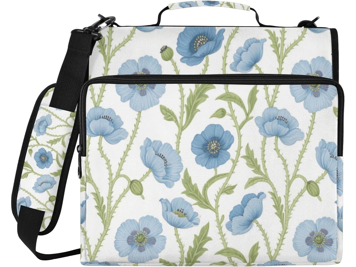 Pasta Vintage Azul com Estampa de Papoulas, 3,8 Cm Largura, 3 Argolas, Alça Ombro Resistente e Vários Bolsos,