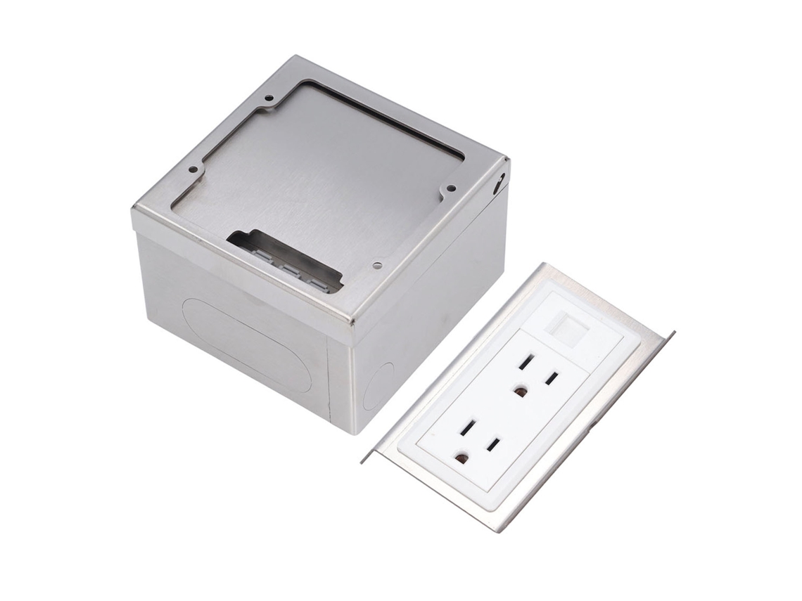 Caixa De Tomada De Piso Com 2 Tomadas 15a E 1 Porta Para Computador, Aço Inoxidável
