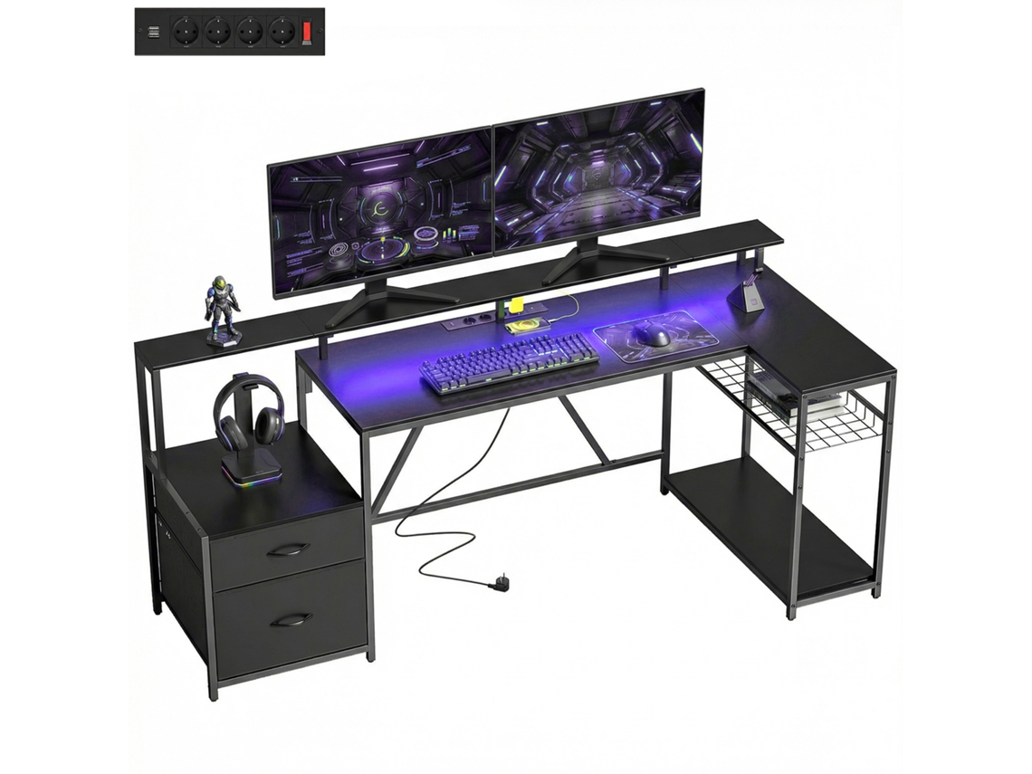 Mesa gamer angular com hub de carregamento, luzes LED e suporte para monitor (192.5x80x86.5 cm) preto BTFORUS