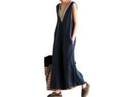 Macacão Feminino Plus Size Algodão Decote V Sem Mangas Pernas Largas com Bolso Lateral