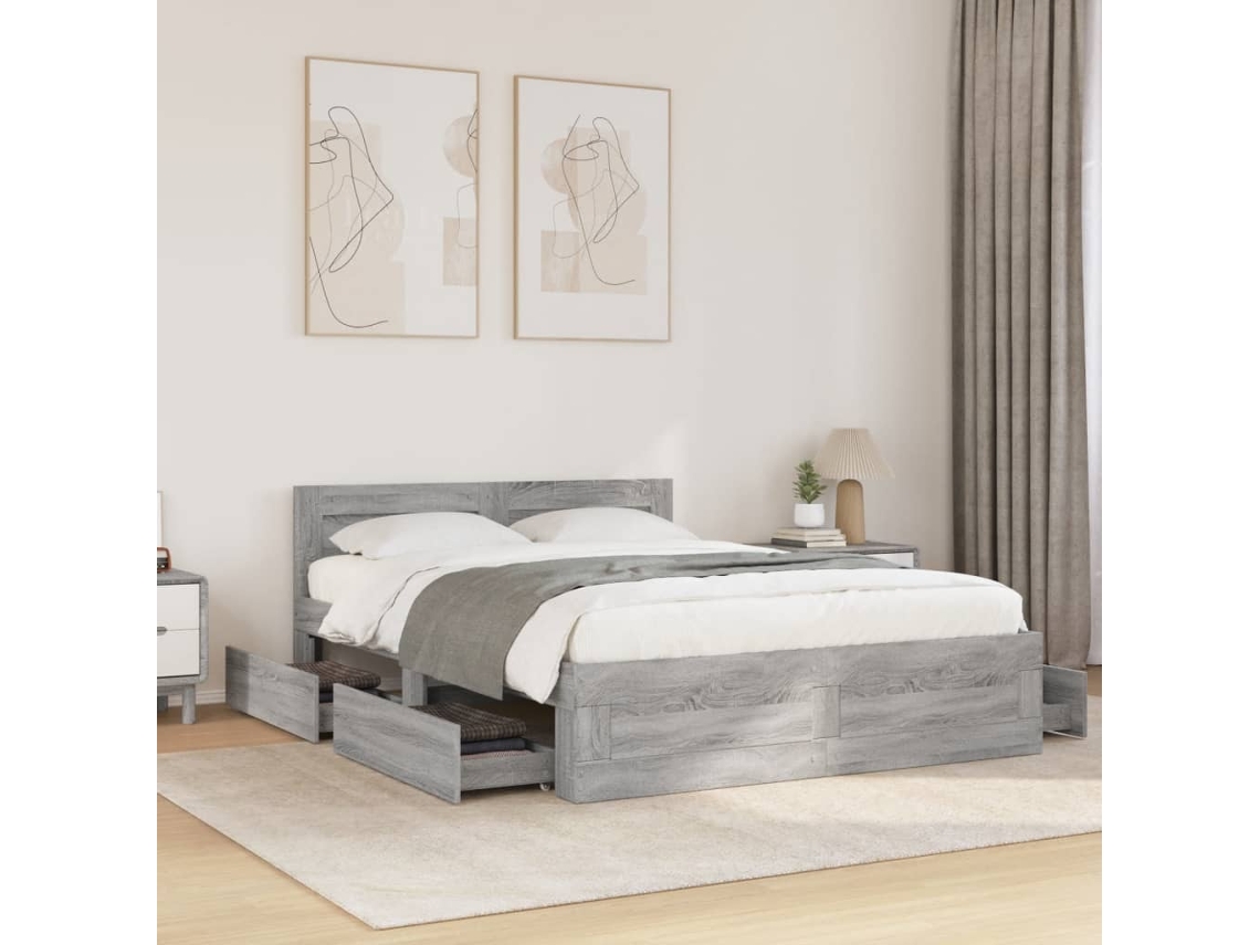 Vidaxl Estrutura De Cama C/ Cabeceira Derivados Madeira Cinza Sonoma