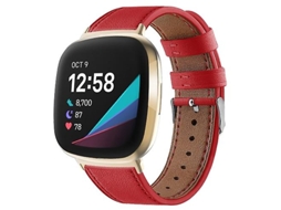 Bracelete para Fitbit Versa 4 / Sense 2 Faixa de Relógio de Couro Genuíno com Cauda Redonda Vermelha VENISYMLIS