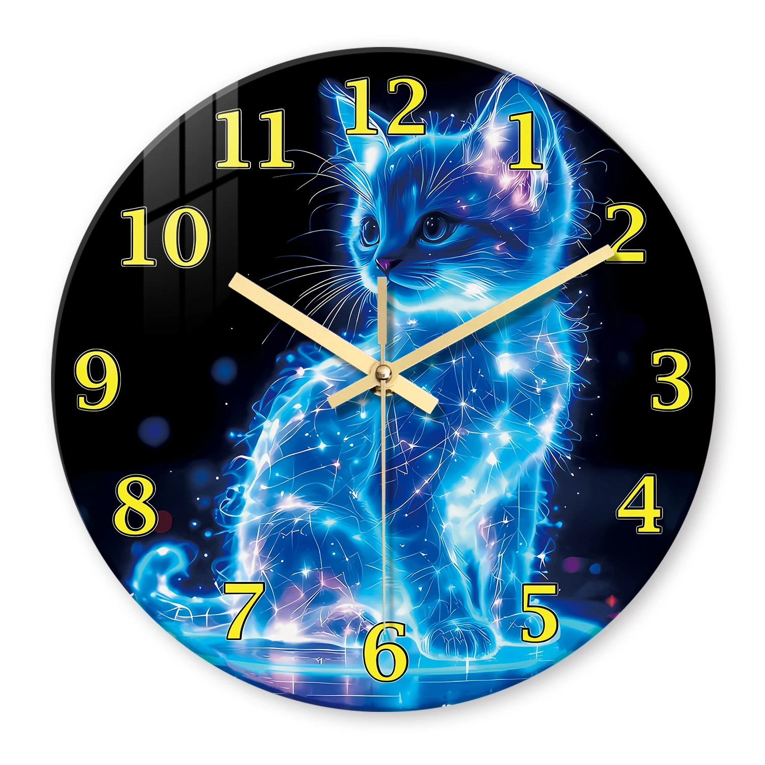 Relógio De Parede De Vidro Temperado Com Gato Neon (30 Cm), Silencioso, Alimentado Por Bateria.