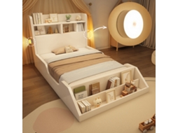 Cama De Madeira Solteiro 90x200cm Prateleiras Luzes Noturnas Estante Branca