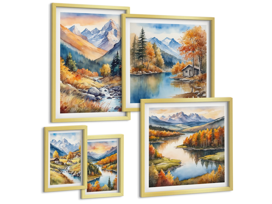 Galeria De Pinturas Murais Lago, Floresta, Barco, Manhã Nebulosa Moldura Dourada Quadros Para O Escritório Espelharte (conjunto De 5 Imagens)
