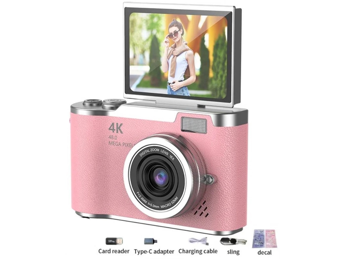 Câmera Digital 4k 48mp Com Tela Giratória Rosa – Selfie Zoom De 8x + Cartão Memória 32gb Para Vlogs Crianças E Adultos -aquaforge