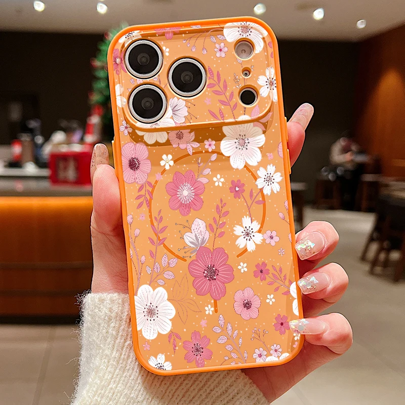 Capa Rígida De Policarbonato Para Iphone 15 Pro Com Estampa Floral Romântica E Sistema Magnético (laranja).