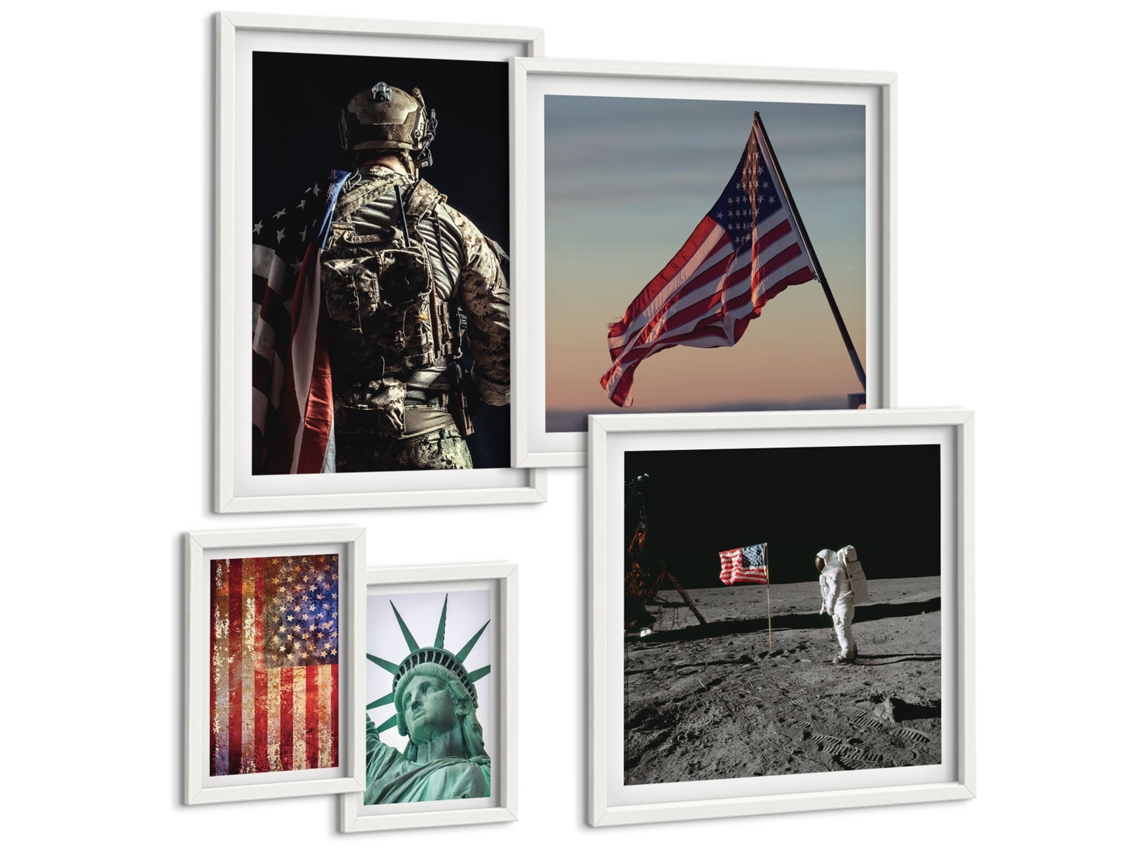Quadros Decorativos Para Parede Símbolos Americanos, Bandeira Dos Eua Moldura Branca Pinturas De Quarto Espelharte (conjunto De 5 Imagens)