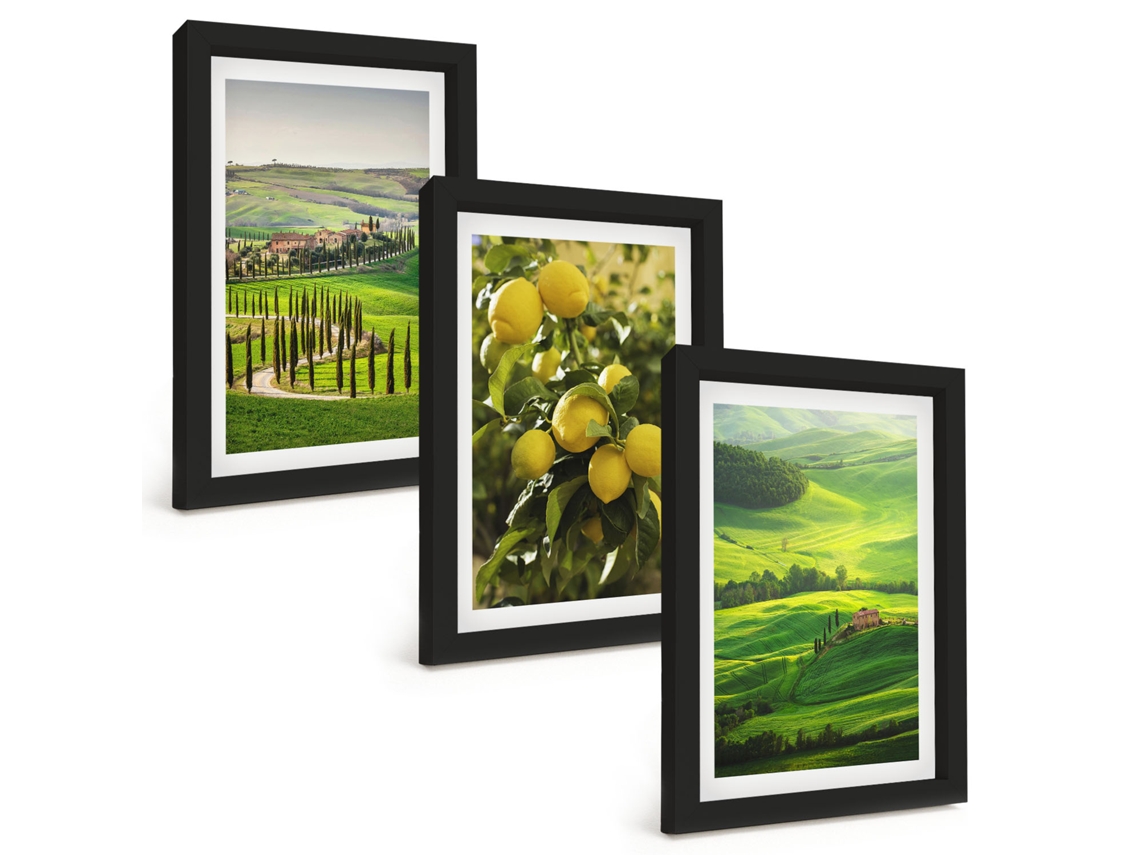 Composição De Quadros Na Parede Frutas Cítricas Italianas E Colinas Moldura Preta Quadros Para A Sala De Estar Espelharte (3 Peças 20x30 Cm)