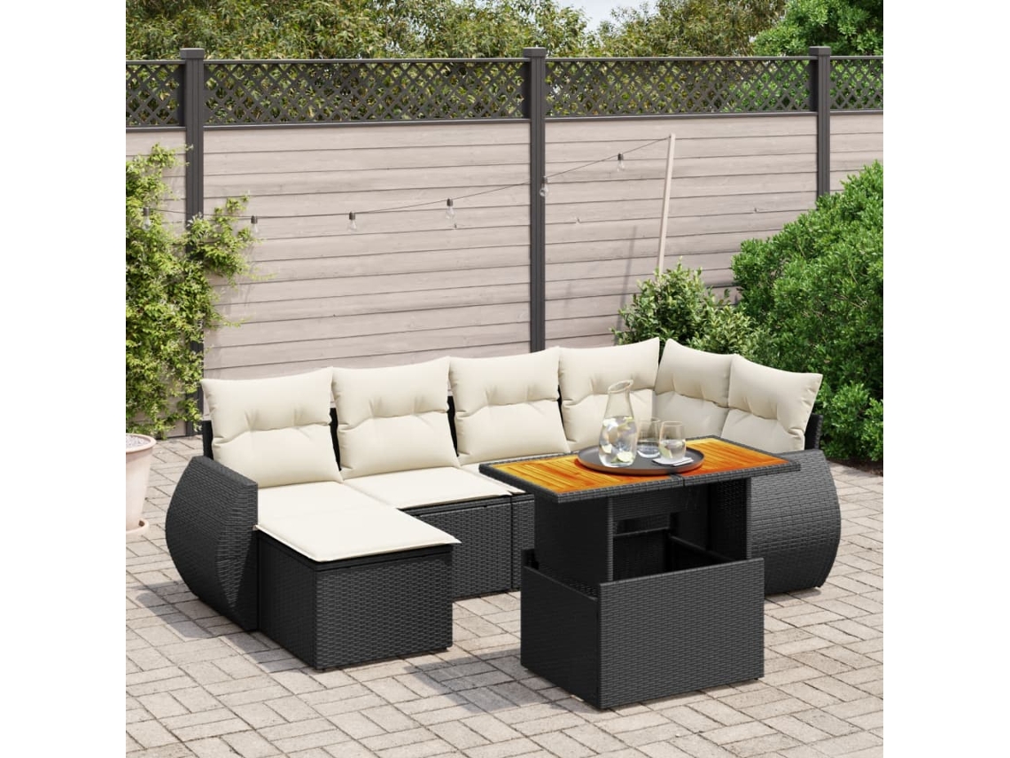 7 Pcs Conjunto De Sofás P/ Jardim C/ Almofadões Vime Pe Preto Dkd Home Decor
