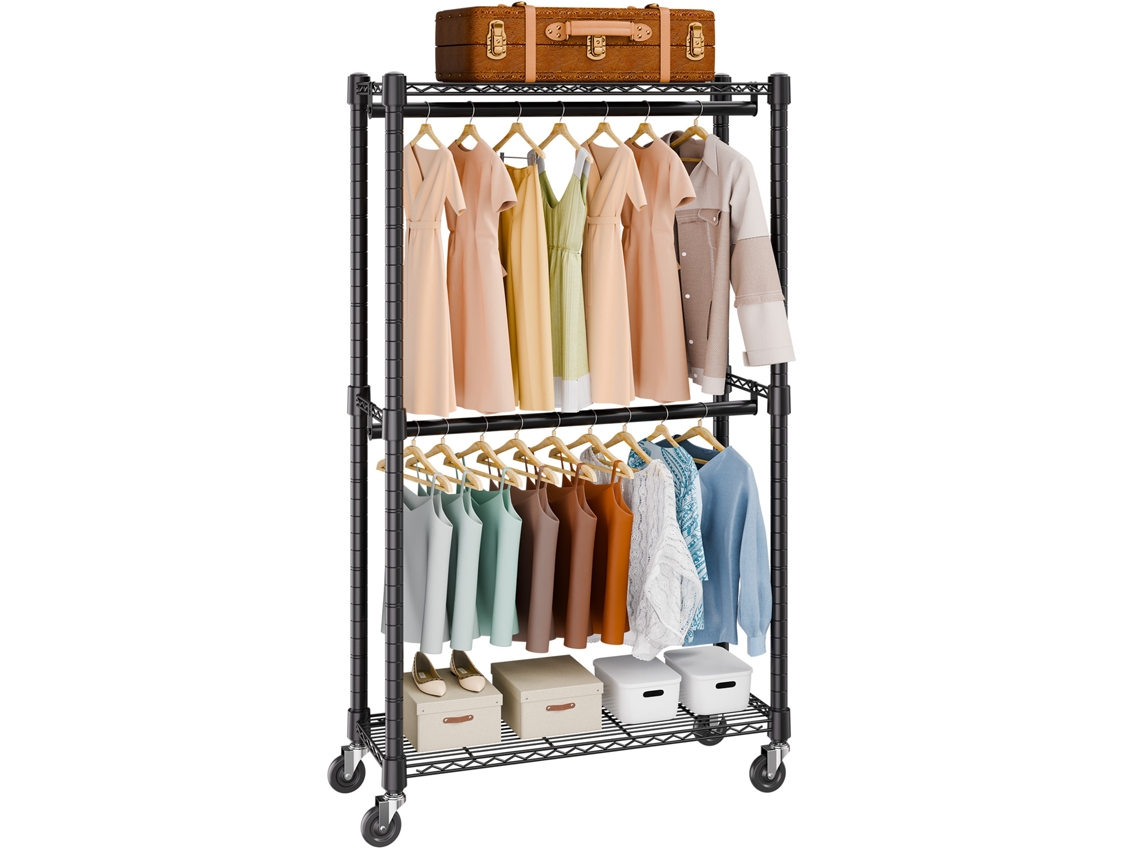 Cabideiro de Chão para Roupas com 4 Rodas, 2 Barras e Prateleiras Superior Inferior, Aço Capacidade Carga 136 Kg, Dimensões 915 X 450 2040 Mm,