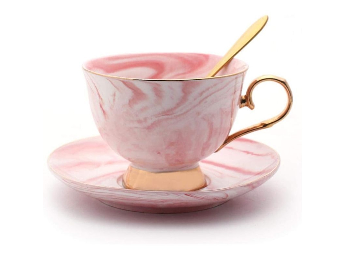 2026 taza de Café Y Té de Porcelana Fina Con Platillo Y Cuchara Borde Dorado Rosa 200ml