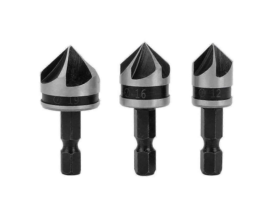 3 Peças de Brocas de Escariado Hcs 1/4 Hex 5 Lâminas 12mm/16mm/19mm 90° para Madeira e Metal com Mandril Rápido