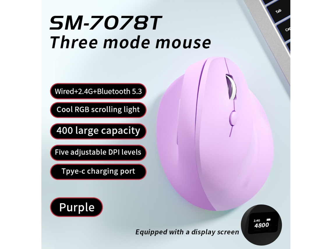 Mouse Ergonômico Bestvite Wired Triplo Modo Vertical Com Indicador De Nível De Bateria 4804 Dpi Roxo