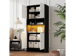 Armário/aparador Multifuncional Com 4 Portas E 3 Compartimentos Abertos. Em Dois Tons De Preto E Branco, Feito Em Madeira. Ideal Para Sala De Estar