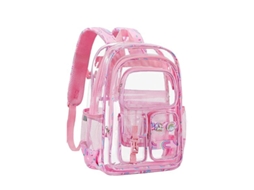 Mochila escolar feminina transparente de grande capacidade na cor rosa-claro.