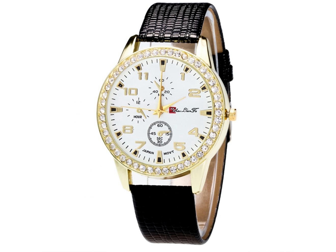 Relógio analógico de quartzo Zhoulianfa com pulseira ajustável em PU e strass (preto)