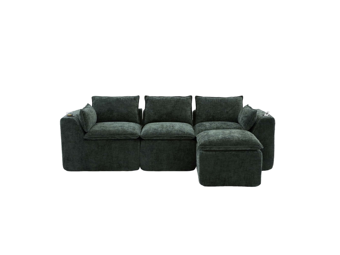 Sofá Modular 3 Lugares Com Pufe, Almofadas, Porta-copos, Bolsos Laterais E Molas Chenille Verde Escuro