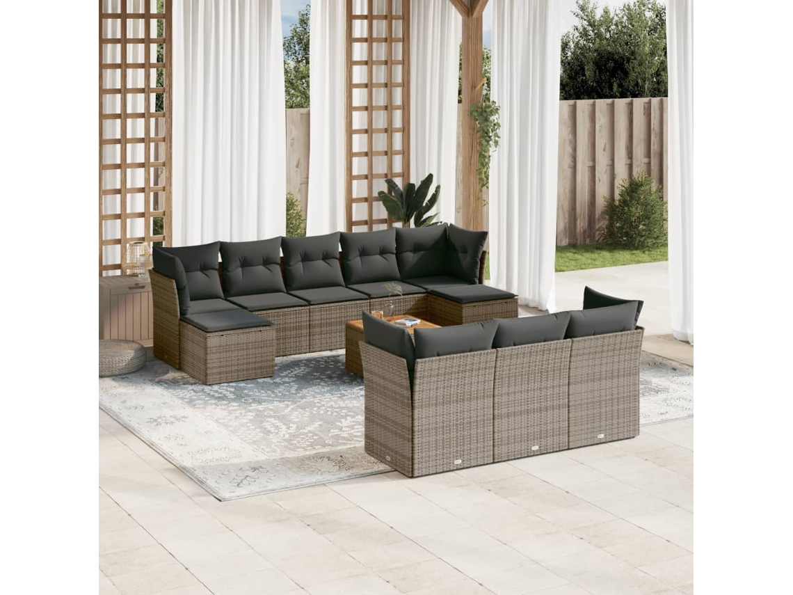 Vidaxl 11 Pcs Conjunto Sofás De Jardim C/ Almofadões Vime Pe Cinzento
