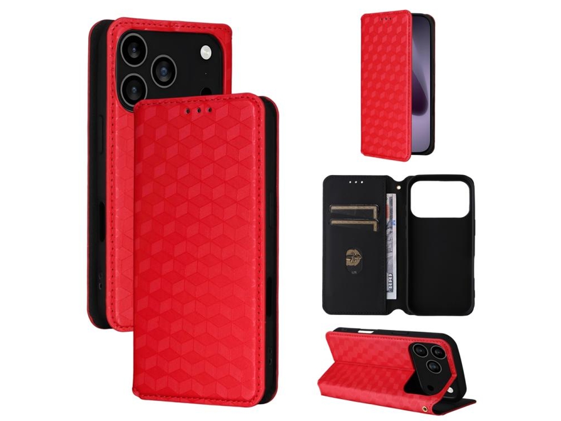 Capa De Couro Para Iphone 17 Pro Com Estampa Quadriculada Cúbica
