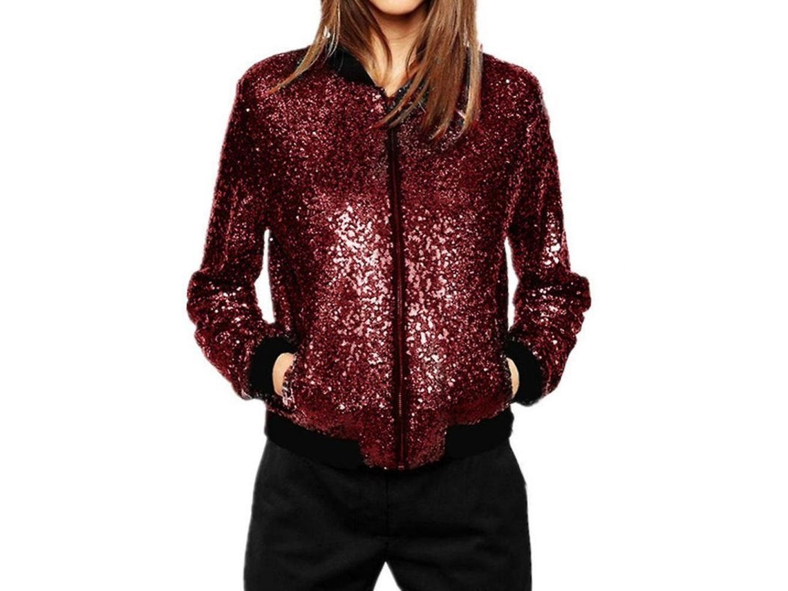 2026 chaqueta Casual Sin Cuello Slim Con Lentejuelas Y Cremallera para Mujer Cnr S Borgoña