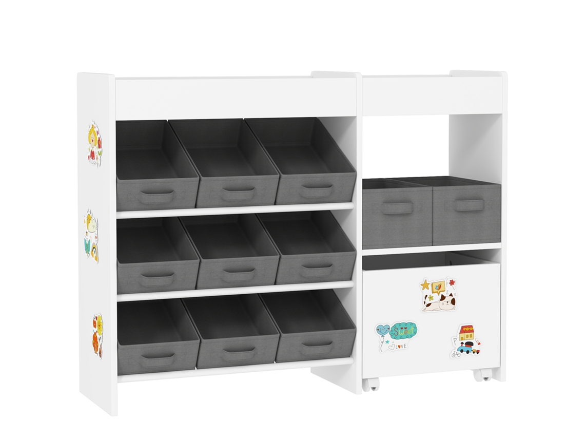 Organizador de Brinquedos Mdf, Aço e Tnt Cor Branco e Cinza 105x30x80 cm Aiyaplay