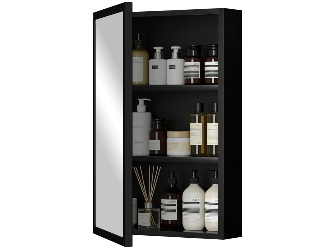 Armário Espelho Banheiro 40x12x60cm Com 1 Porta E 2 Prateleiras Aço Preto