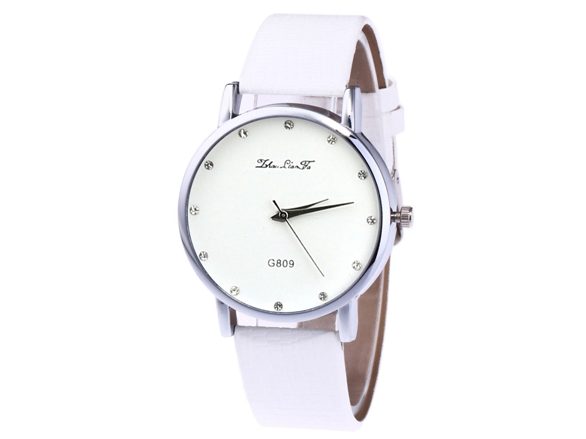 Relógio de Pulso Unissex de Quartzo com Pulseira de Couro Pu e Strass Dial Redondo Branco