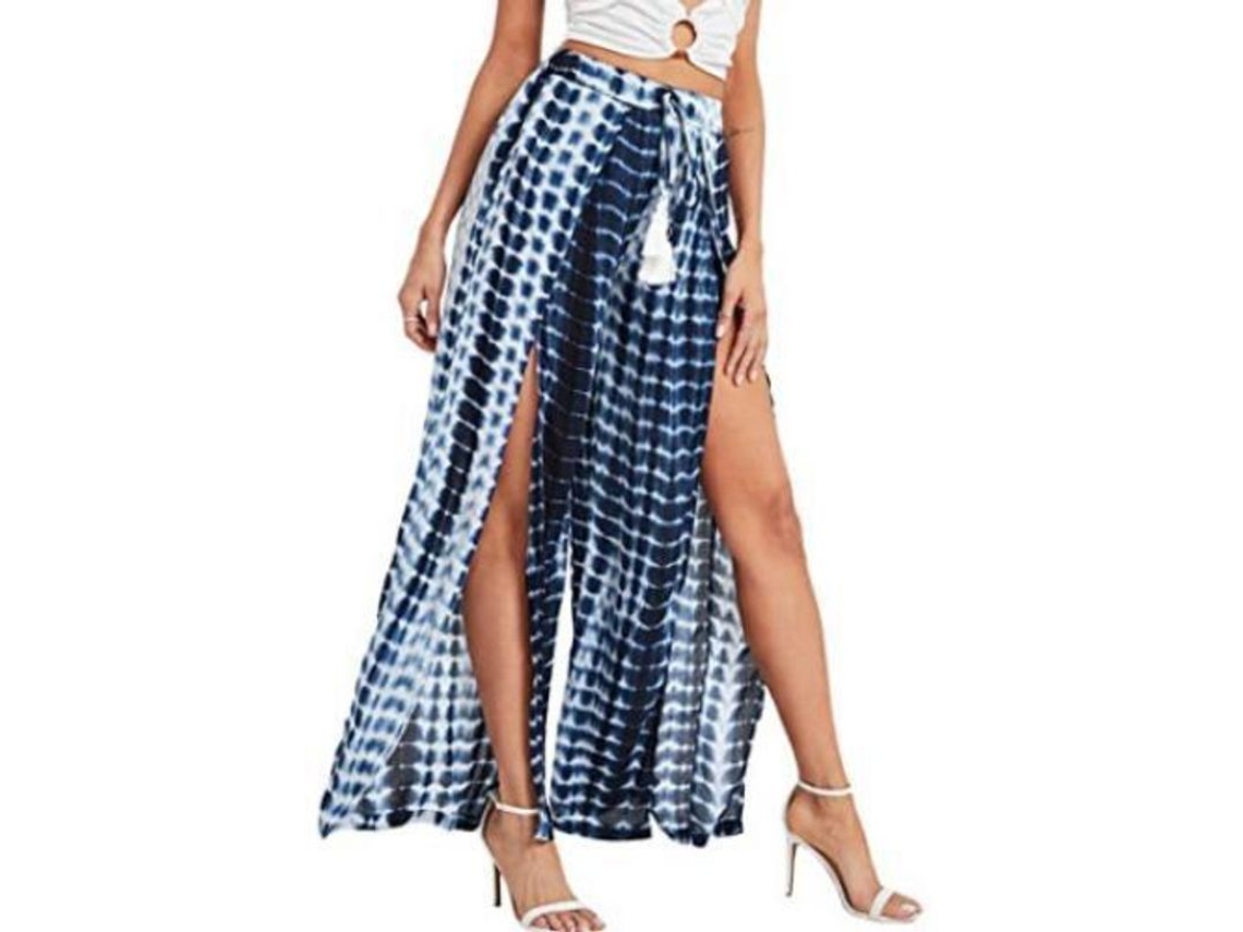 2026 pantalones Longos de Perna Larga com Estampa Floral Ditsy, Abertura e Laço Frontal Boho S Azul