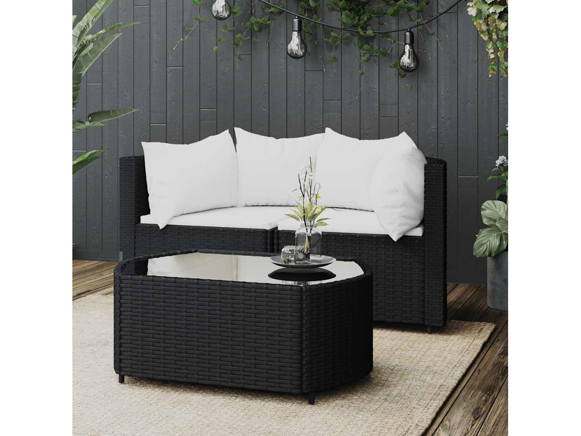 Vidaxl 3 Pcs Conjunto Lounge De Jardim C/ Almofadões Vime Pe Preto