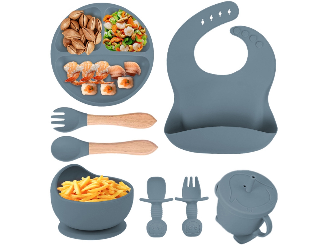 Conjunto de Alimentação para Bebê em Silicone, 8 Peças, Incluindo Ventosa, Tigela, Babador, Colher, Garfo e Copo com Canudo Azul PANOONA