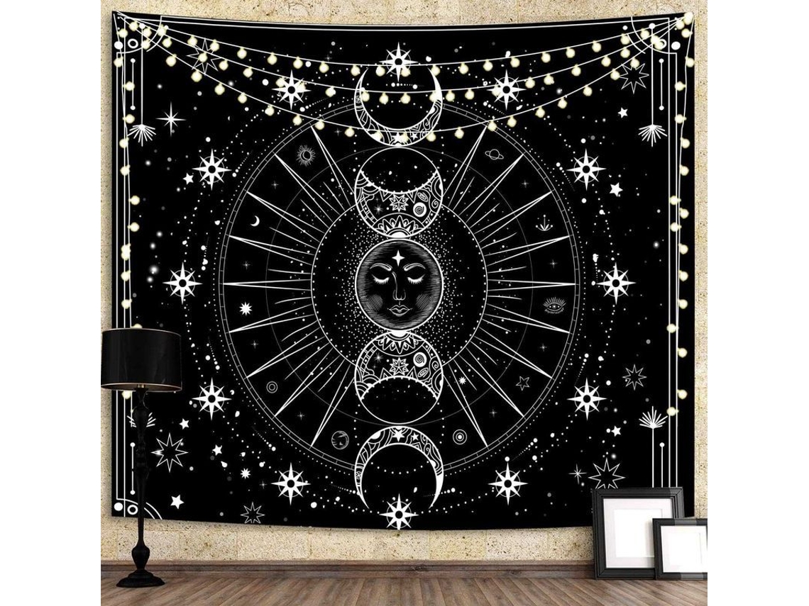 Tapiz De Parede Sol Lua Estrelas Espaço Psicodélico Branco E Preto Para Decoração