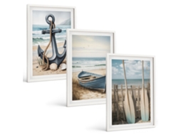 Conjunto De Pinturas Âncora, Barco, Remos, Praia Moldura Branca Pinturas De Quarto Espelharte (3 Piezas De 40x60 Cm)
