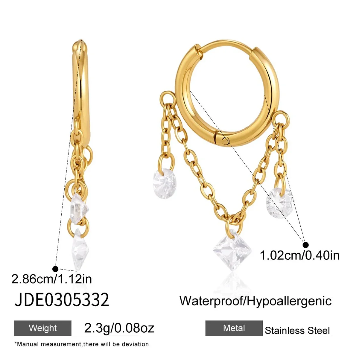 Brincos De Corrente Com Pingente De Zircônia, Banhados A Ouro E À Prova D'água.