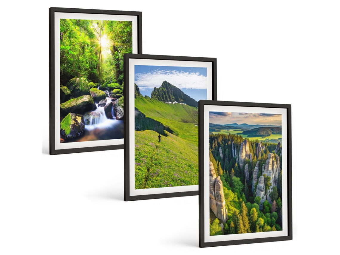 Conjunto De Pinturas Montanhas Verdes, Cachoeira, Floresta Moldura Preta Pinturas De Quarto Espelharte (3 Piezas De 40x60 Cm)