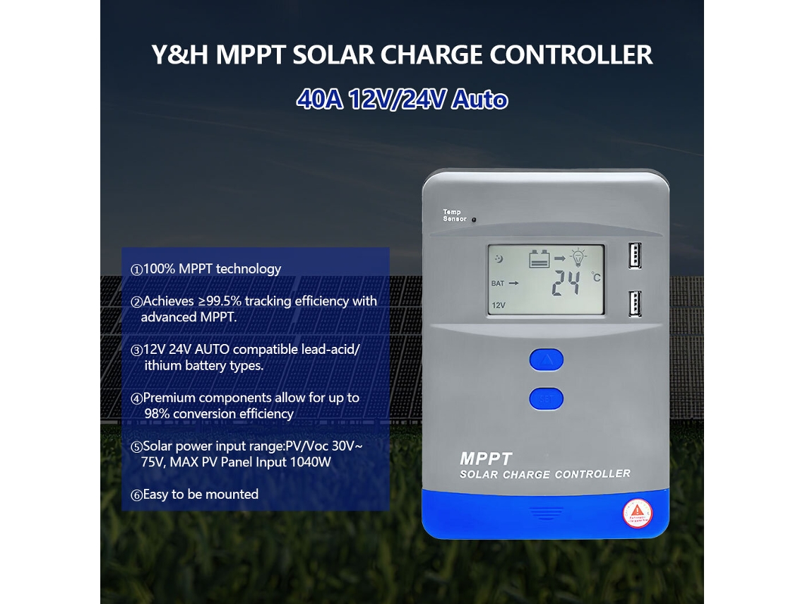 Controlador De Carga Solar Mppt 100ayh 40a 60a 80a 100a 12v/24v 36v/48v Com Display Lcd Para Carregamento De Baterias Agm Gel Inundadas E De Lítio