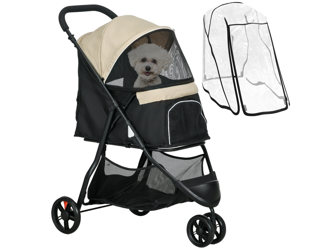 Carrinho de Animal de Estimação Dobrável, com Capa de Chuva e 2 Porta Copos, Azul Cáqui | S/MARCA